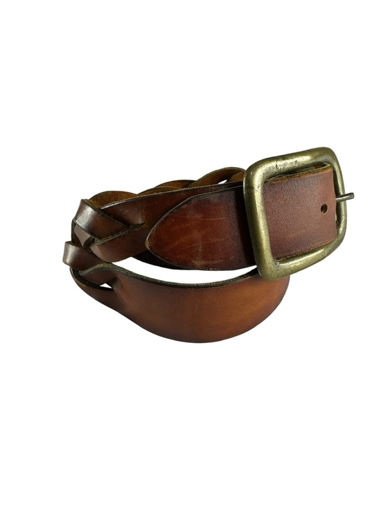 Genuine Vintage Brown Braided Leather Unisex Belt Solid Brass 36
